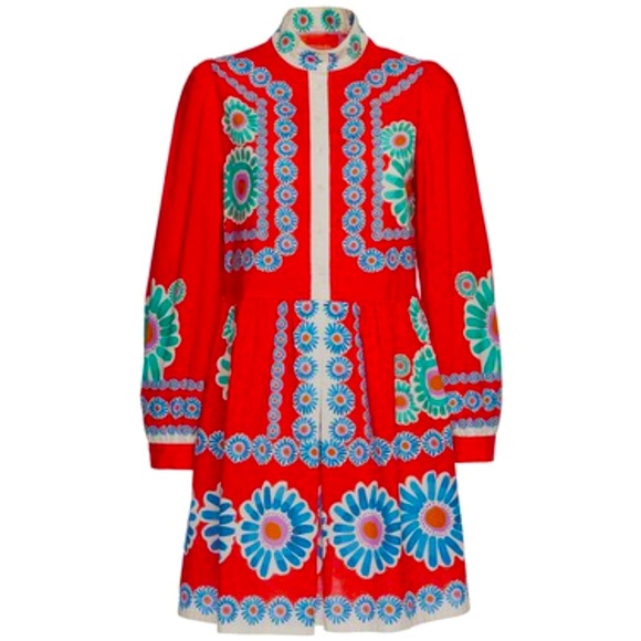 LA DoubleJ Dresses & Skirts - LA DoubleJ Red Floral Appliqué Long-Sleeve Mini Dress with Multicolor Motifs